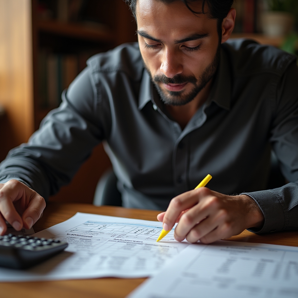 Business professional reviewing CAM charges spreadsheet with calculator and highlighter on office desk