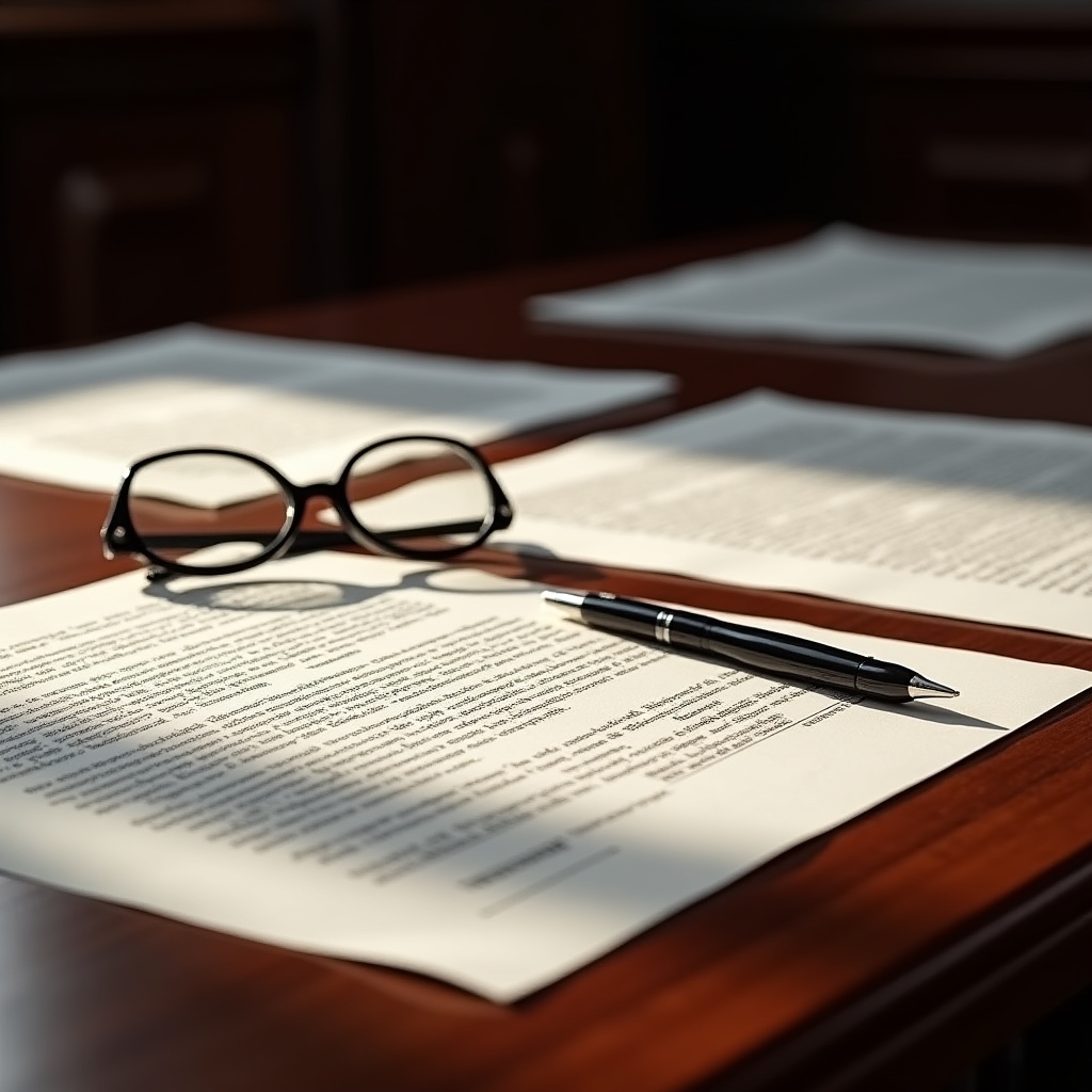 Commercial lease agreement documents spread across a professional desk with reading glasses and pen